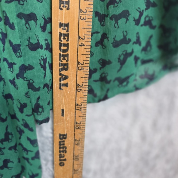 Sheer Green Navy Horse Print Chiffon V-Neck Tie Top 3/4 Sleeves Xhilaration S - Picture 6 of 9